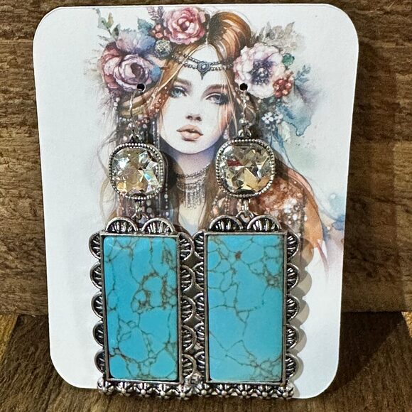 Boho Turquoise Elegance: Crystal-Studded Rectangle Earrings, Gift Box - Picture 2 of 11